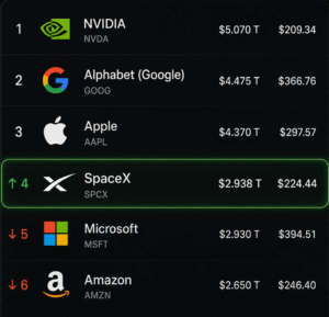 BREAKING: SpaceX has overtaken Microsoft and Amazon to become the fourth biggest company in the world.