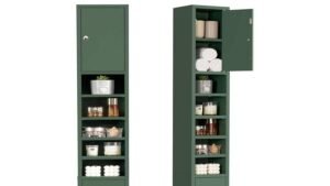 Amazon has a $58 narrow storage cabinet with 9 adjustable shelves