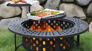 Amazon has a round fire pit with two grills and a table for only $104